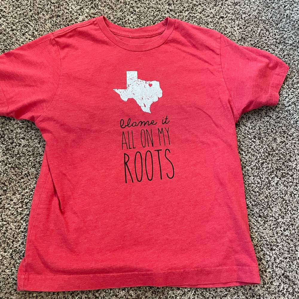 Blame it all on my roots girls or boys red Texas tee small
